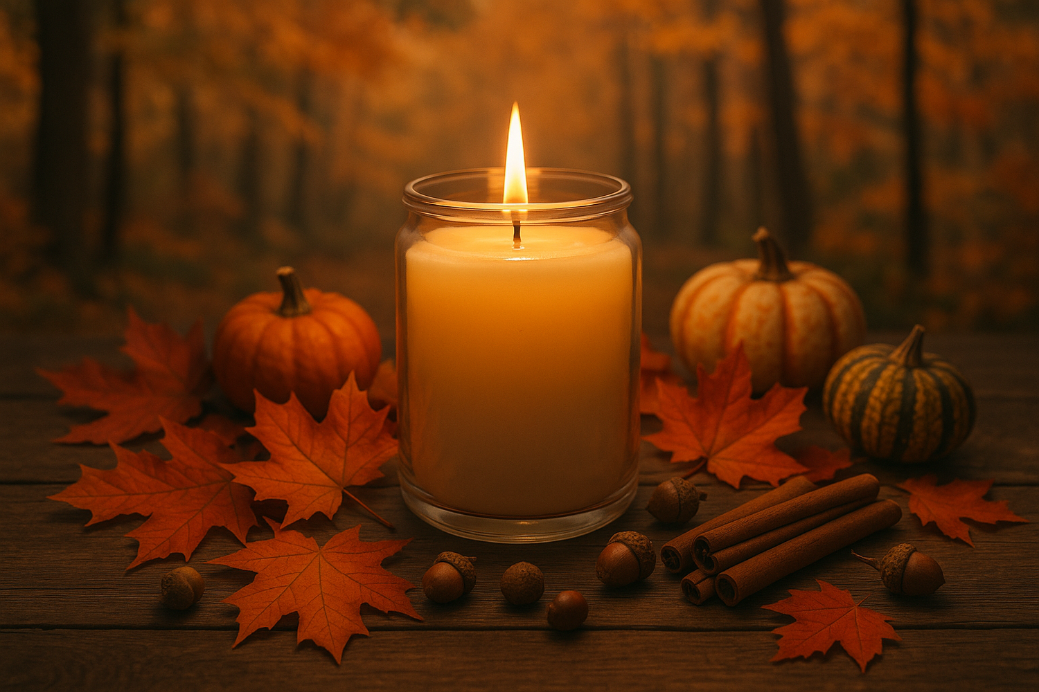 Fall scene with candle in the middle as the main focal point